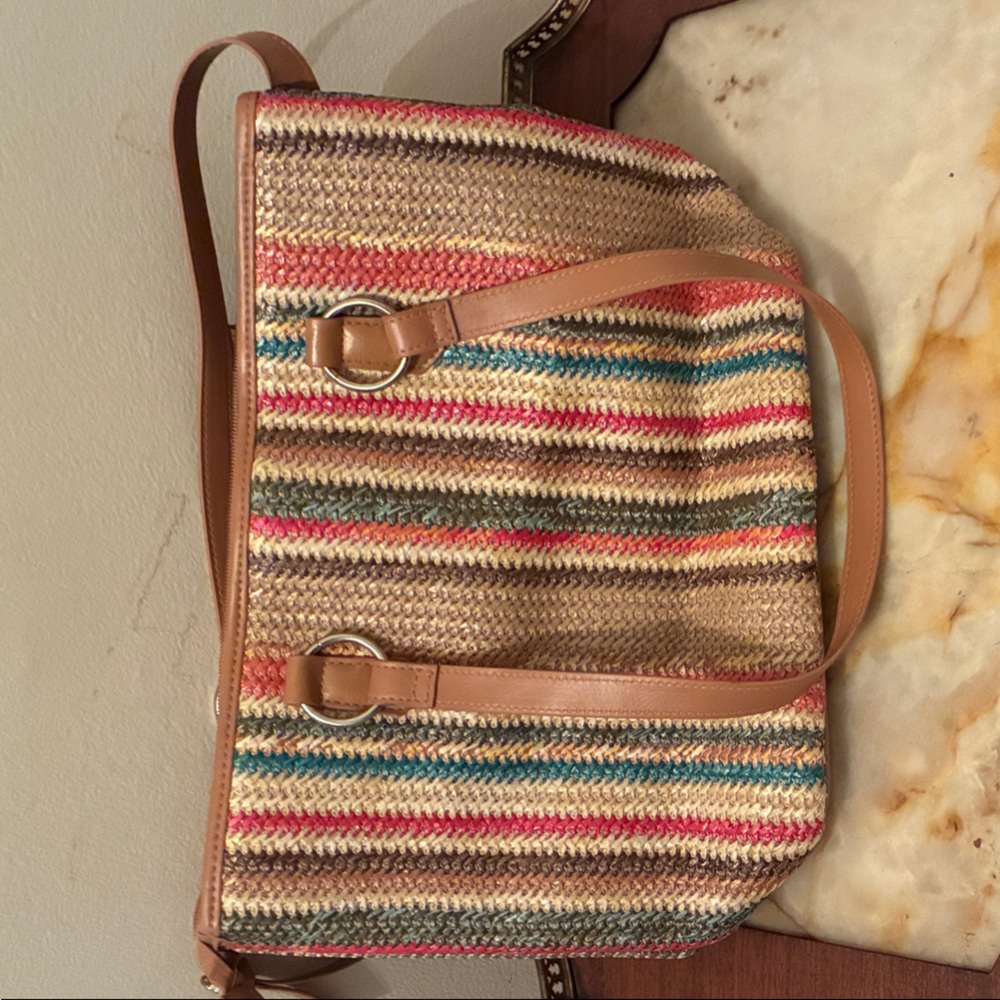 Striped Multicolor Tote with Tan Straps